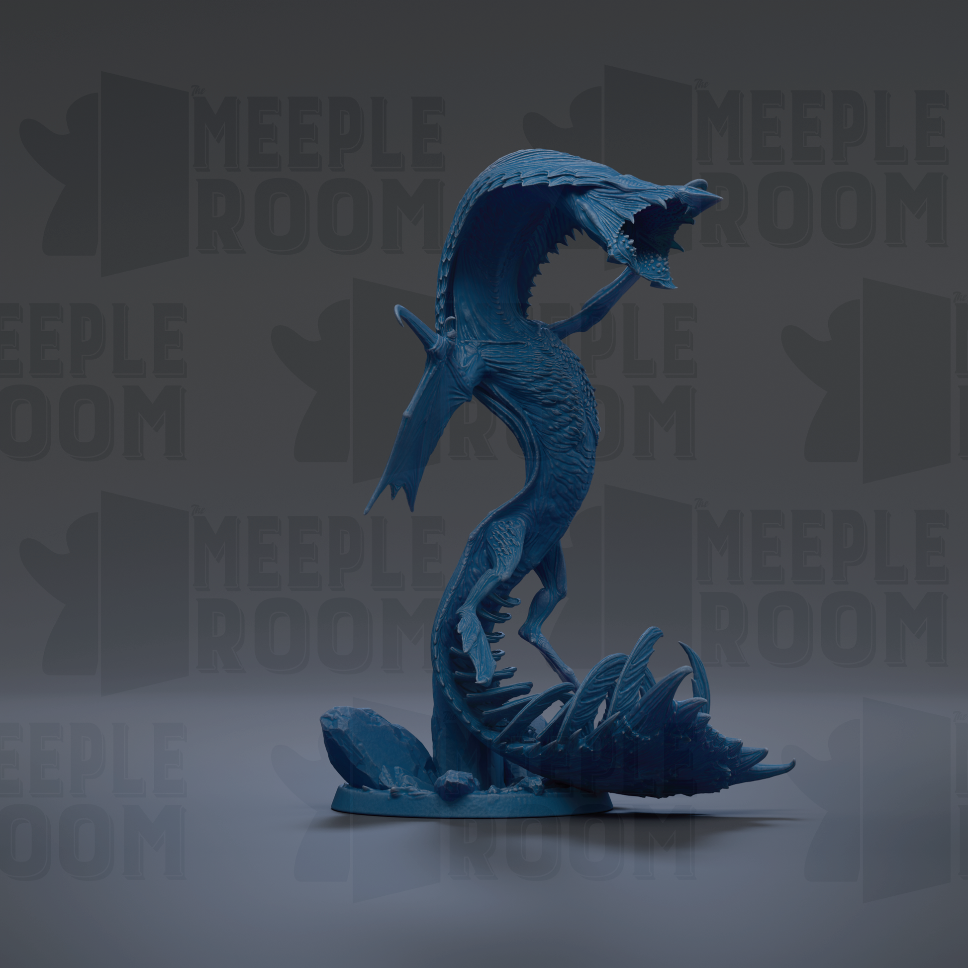 A blue, 3D-rendered creature resembling a dragon or serpent, with a large, open mouth and sharp teeth, standing on a rock formation.