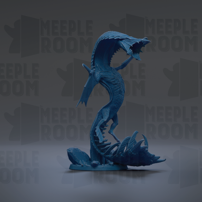 A blue, 3D-rendered creature resembling a dragon or serpent, with a large, open mouth and sharp teeth, standing on a rock formation.