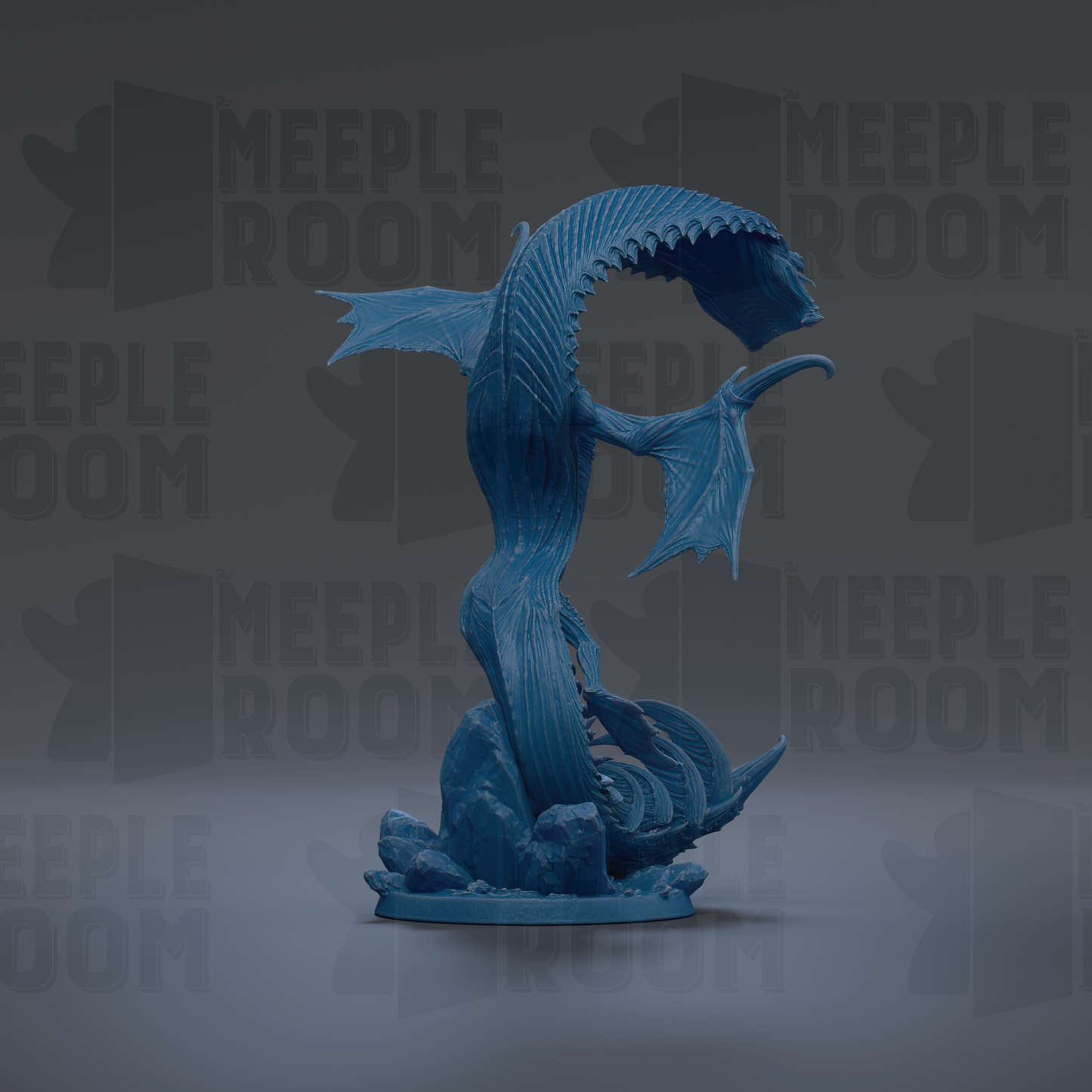 A blue, 3D-rendered dragon figurine is displayed against a dark background with repeated text.