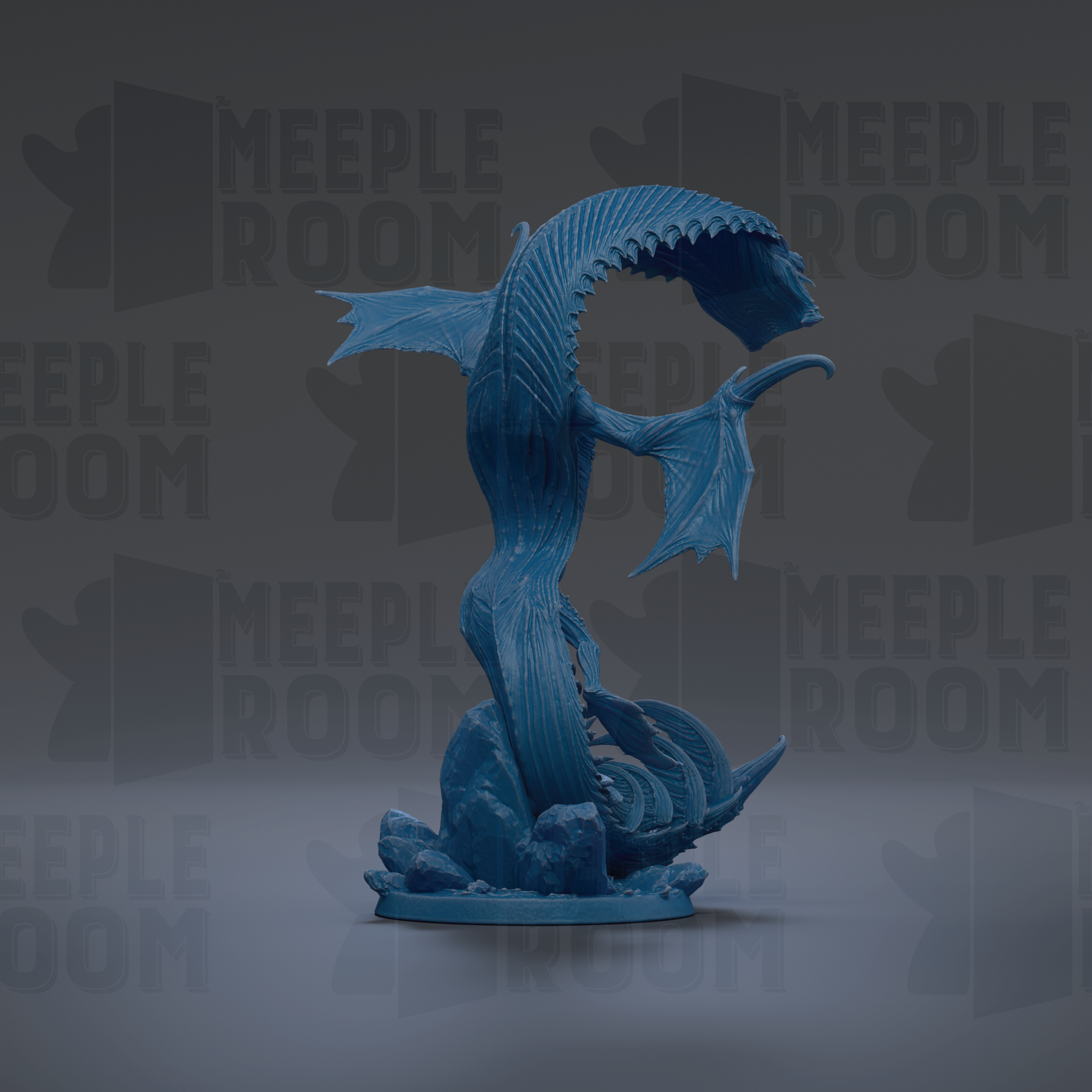 A blue, 3D-rendered dragon figurine is displayed against a dark background with repeated text.