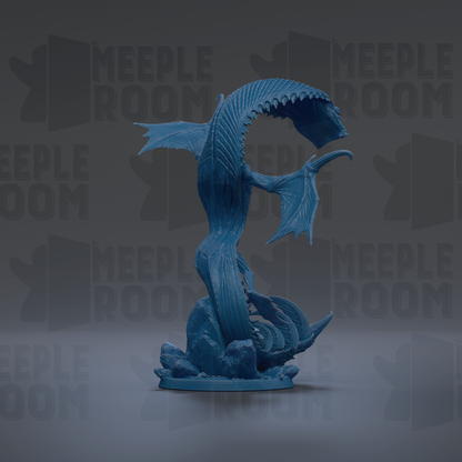 A blue, 3D-rendered dragon figurine is displayed against a dark background with repeated text.