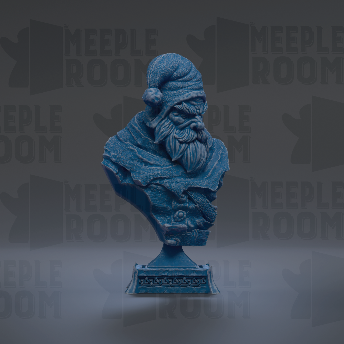 A blue bust of a bearded man wearing a hat, possibly a Santa Claus figure, is displayed against a dark background with repeated text.