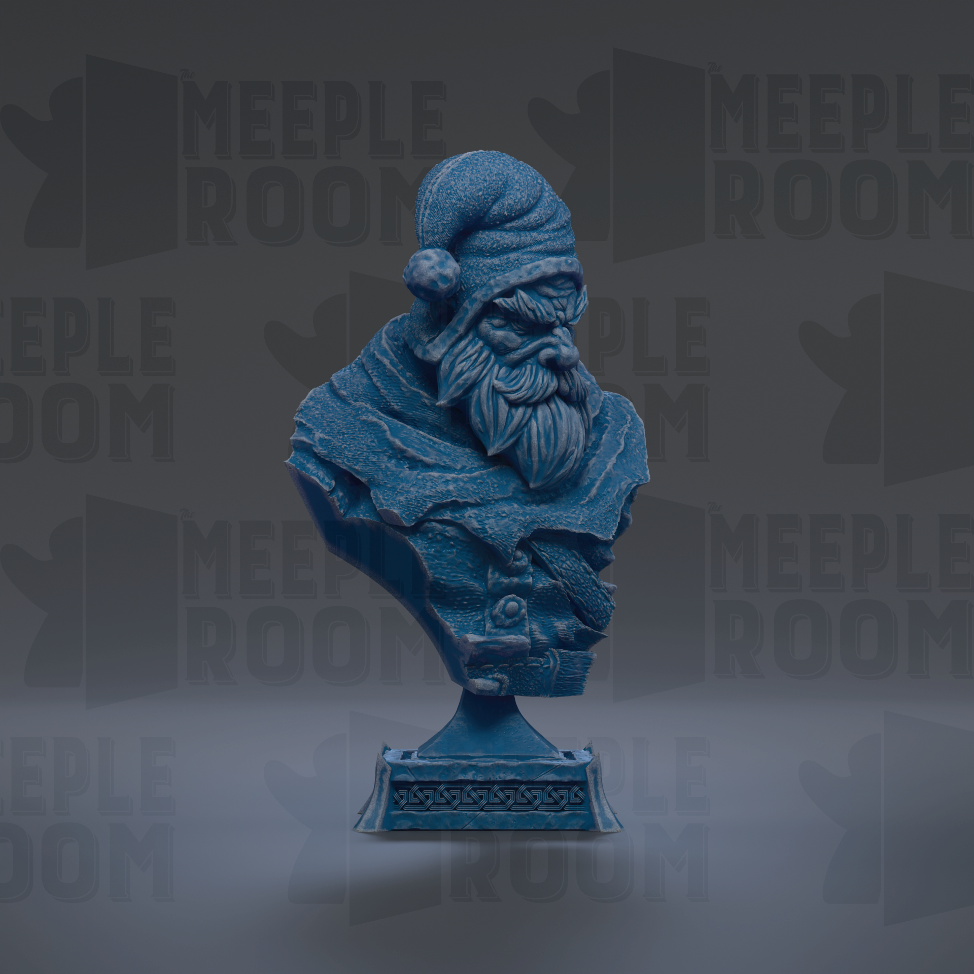 A blue bust of a bearded man wearing a hat, possibly a Santa Claus figure, is displayed against a dark background with repeated text.