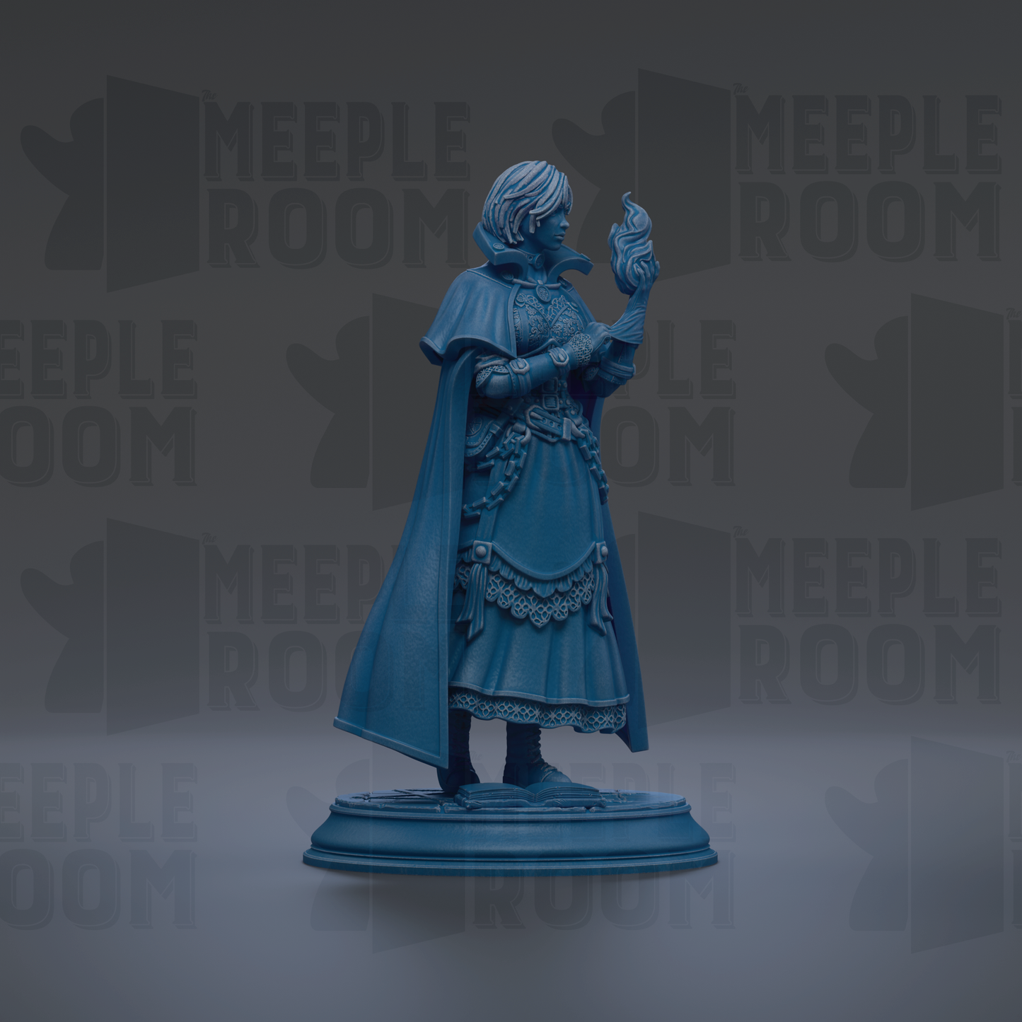 A blue statue of a woman holding a torch, standing on a pedestal against a dark background with repeated text.