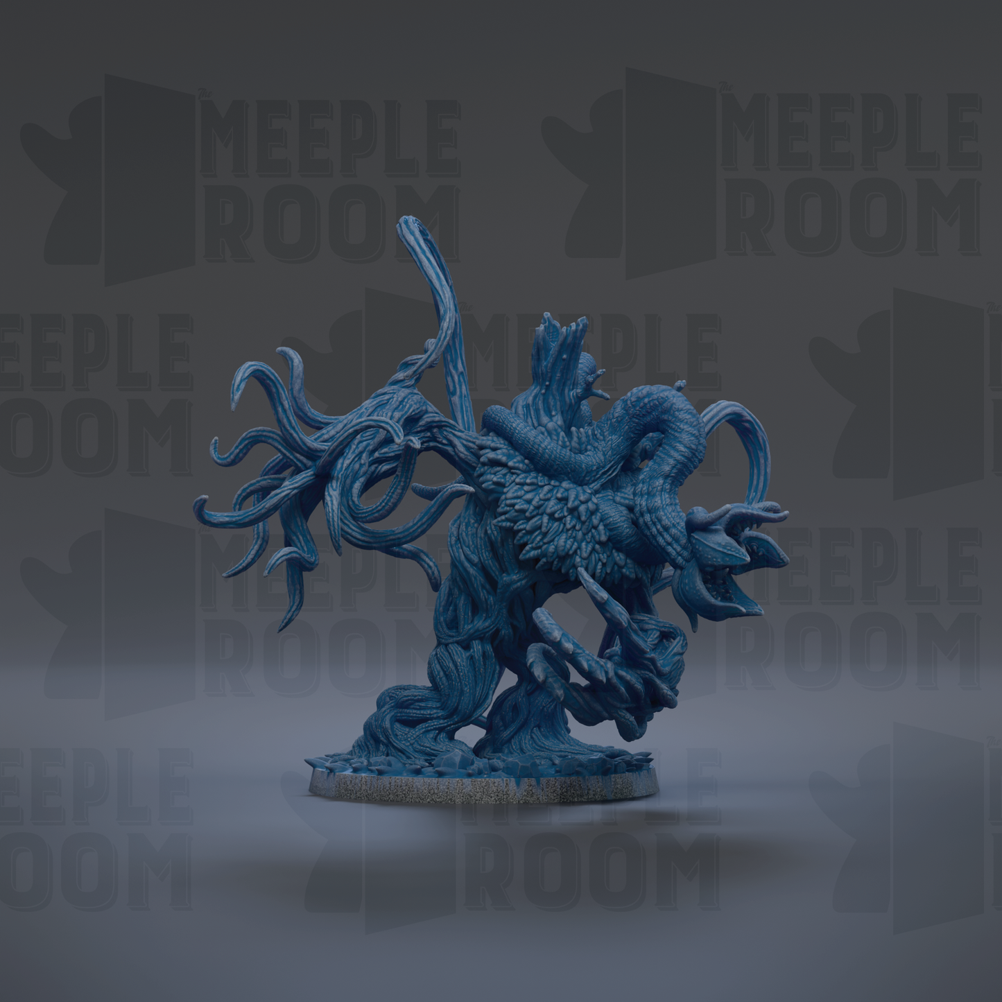 A blue, abstract sculpture with a twisted, organic shape resembling a creature or monster.