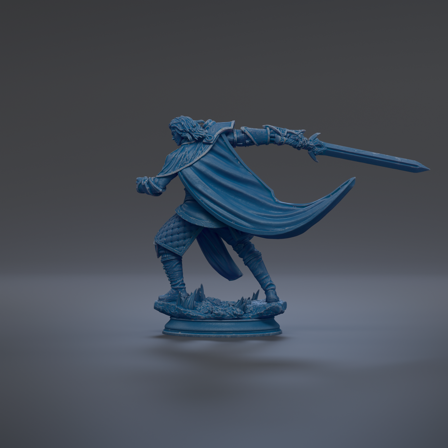 A blue statue of a warrior wielding a sword and shield, standing on a base and facing to the right.