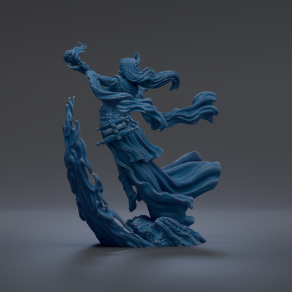 A 3D rendering of a fantastical, blue-colored figure with flowing hair and a flowing robe, standing on a rock formation against a dark background.