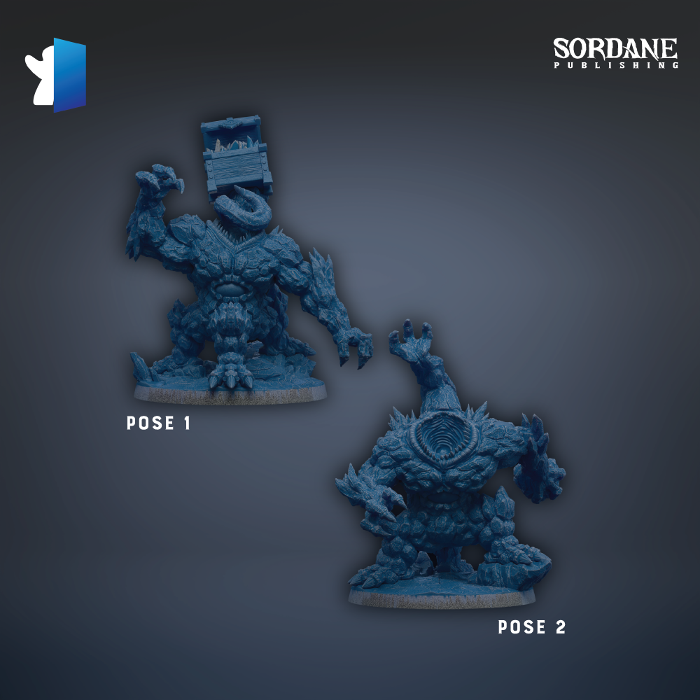 two blue figurines of fantastical creatures, each with a unique pose and expression, set against a dark background.