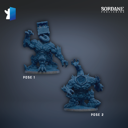 two blue figurines of fantastical creatures, each with a unique pose and expression, set against a dark background.