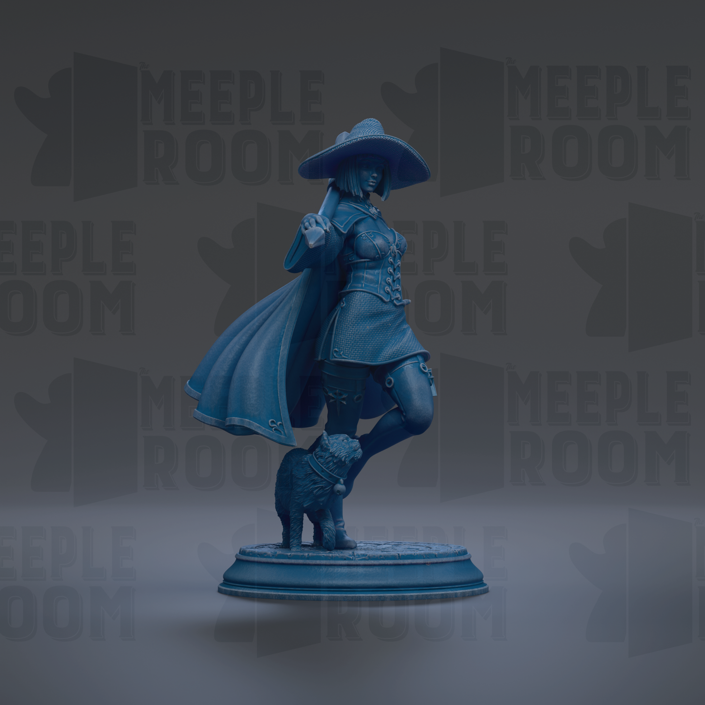 A blue statue of a woman with a large hat and a dog on her feet, standing on a pedestal.