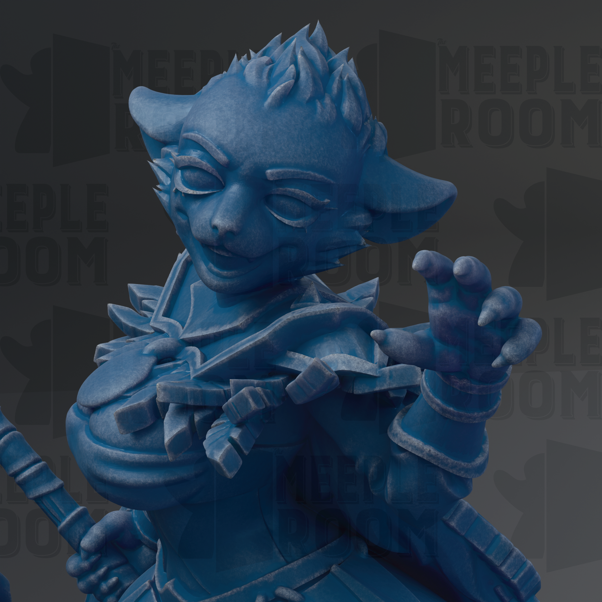 A close-up of a blue, 3D-rendered statue of a fantastical creature with sharp claws and a fierce expression.