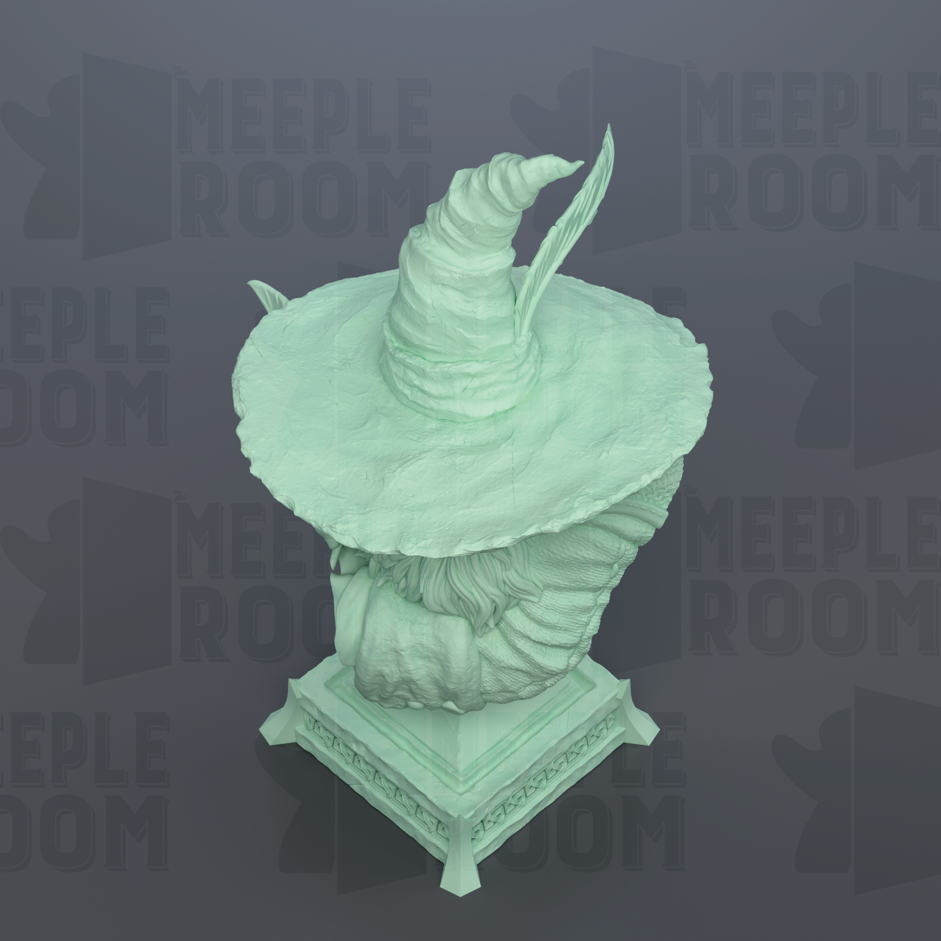 A green statue of a wizard wearing a pointed hat, sitting on a pedestal.