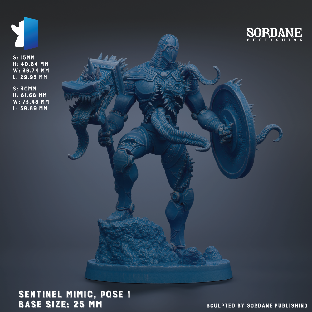 a figurine of a warrior standing on a rock, holding a shield and a spear. The figurine is in a pose that suggests it is ready for battle. The figurine is described as being made of a material that resembles metal, and it is shown in a blue color. The figurine is of a size of 25 mm, and it is posed on a base that is also 25 mm in size. The figurine is published by Sordane Publishing.