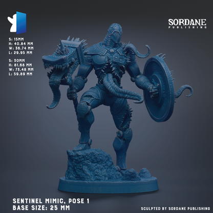 a figurine of a warrior standing on a rock, holding a shield and a spear. The figurine is in a pose that suggests it is ready for battle. The figurine is described as being made of a material that resembles metal, and it is shown in a blue color. The figurine is of a size of 25 mm, and it is posed on a base that is also 25 mm in size. The figurine is published by Sordane Publishing.
