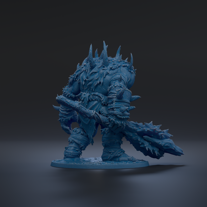 A 3D rendering of a blue, armored fantasy creature with spikes and a large weapon, standing on a base.