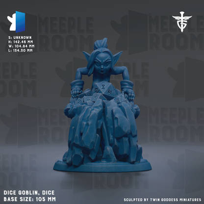 a blue figurine of a dragon-like creature sitting on a rock formation. The figurine is described as a " Dice Goblin" and is shown in a base size of 105 mm. The background of the image is a dark gray color with the words "MEELPOOM" and "MEELPOOM ROOM" repeated multiple times.