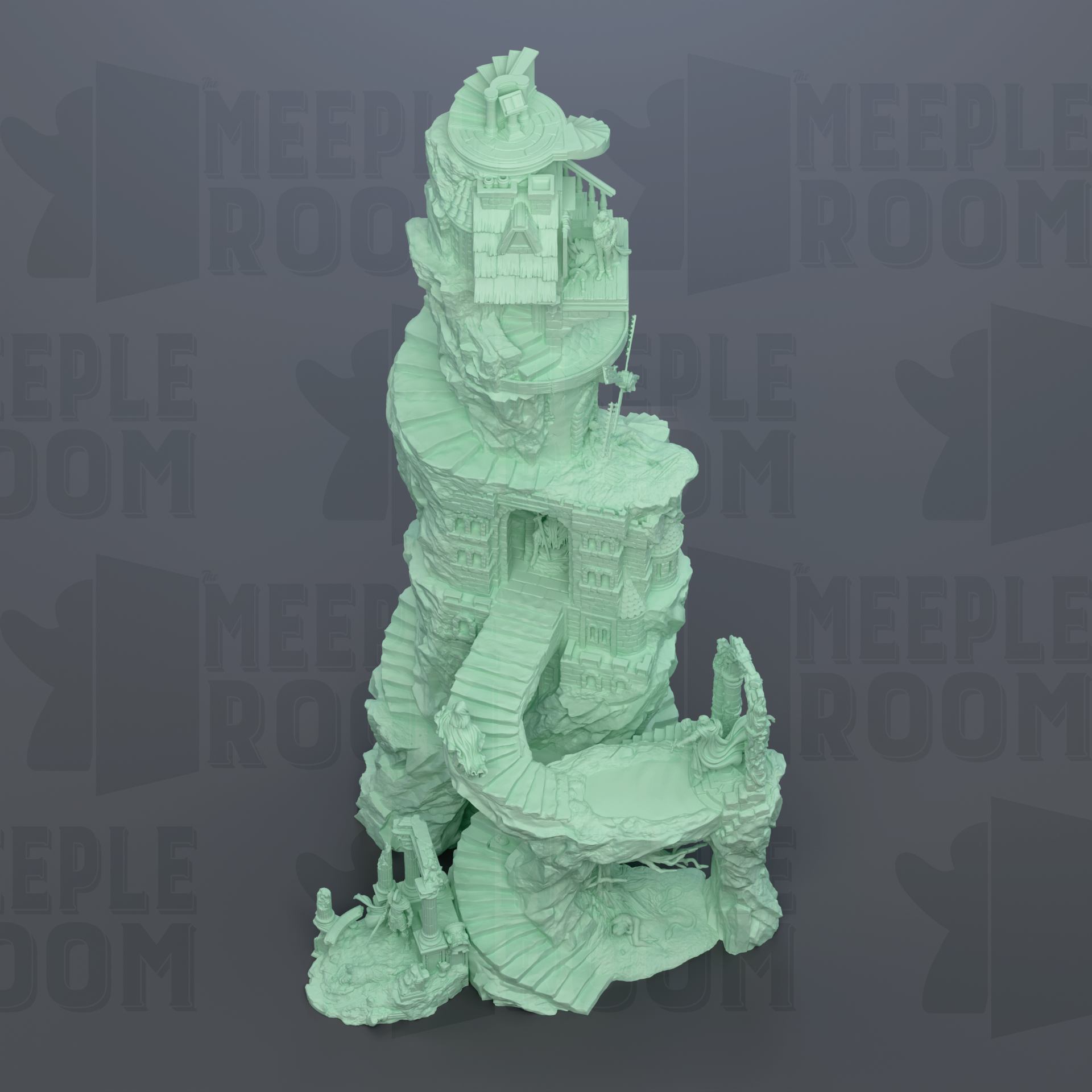 A 3D rendering of a fantastical, multi-leveled structure resembling a castle or tower, with intricate details and a unique, sculptural appearance.
