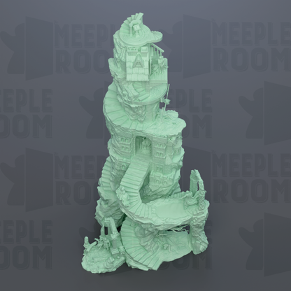 A 3D rendering of a fantastical, multi-leveled structure resembling a castle or tower, with intricate details and a unique, sculptural appearance.