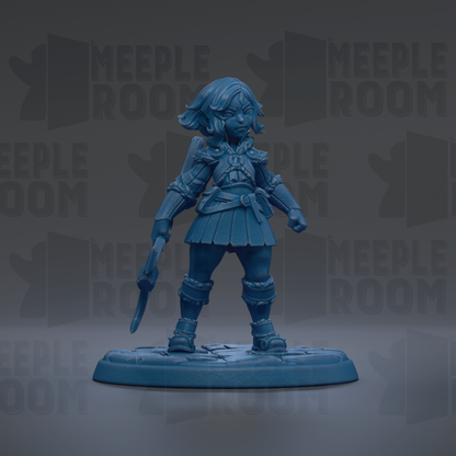 A blue figurine of a person standing on a base, holding a weapon.