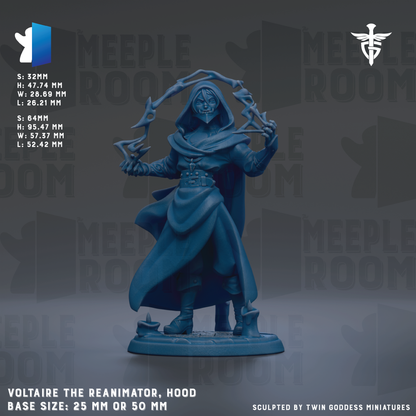 a figurine of a hooded figure, possibly a deity or magical being, with a detailed design and a blue color. The figurine is described as "Voltaire the Reannimator, Hood" and is shown in a base size of 25mm or 50mm. The image is a part of a larger collection of images, and it is described as a "collage of multiple images" and "sculpted by Twin Goddesses miniatures".