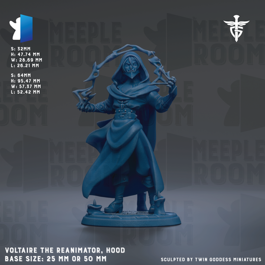 a figurine of a hooded figure, possibly a deity or magical being, with a detailed design and a blue color. The figurine is described as "Voltaire the Reannimator, Hood" and is shown in a base size of 25mm or 50mm. The image is a part of a larger collection of images, and it is described as a "collage of multiple images" and "sculpted by Twin Goddesses miniatures".