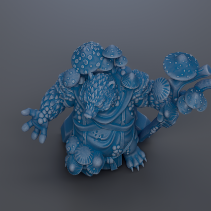 A 3D rendering of a fantastical creature with a mushroom-like body and intricate patterns, standing on a gray surface.