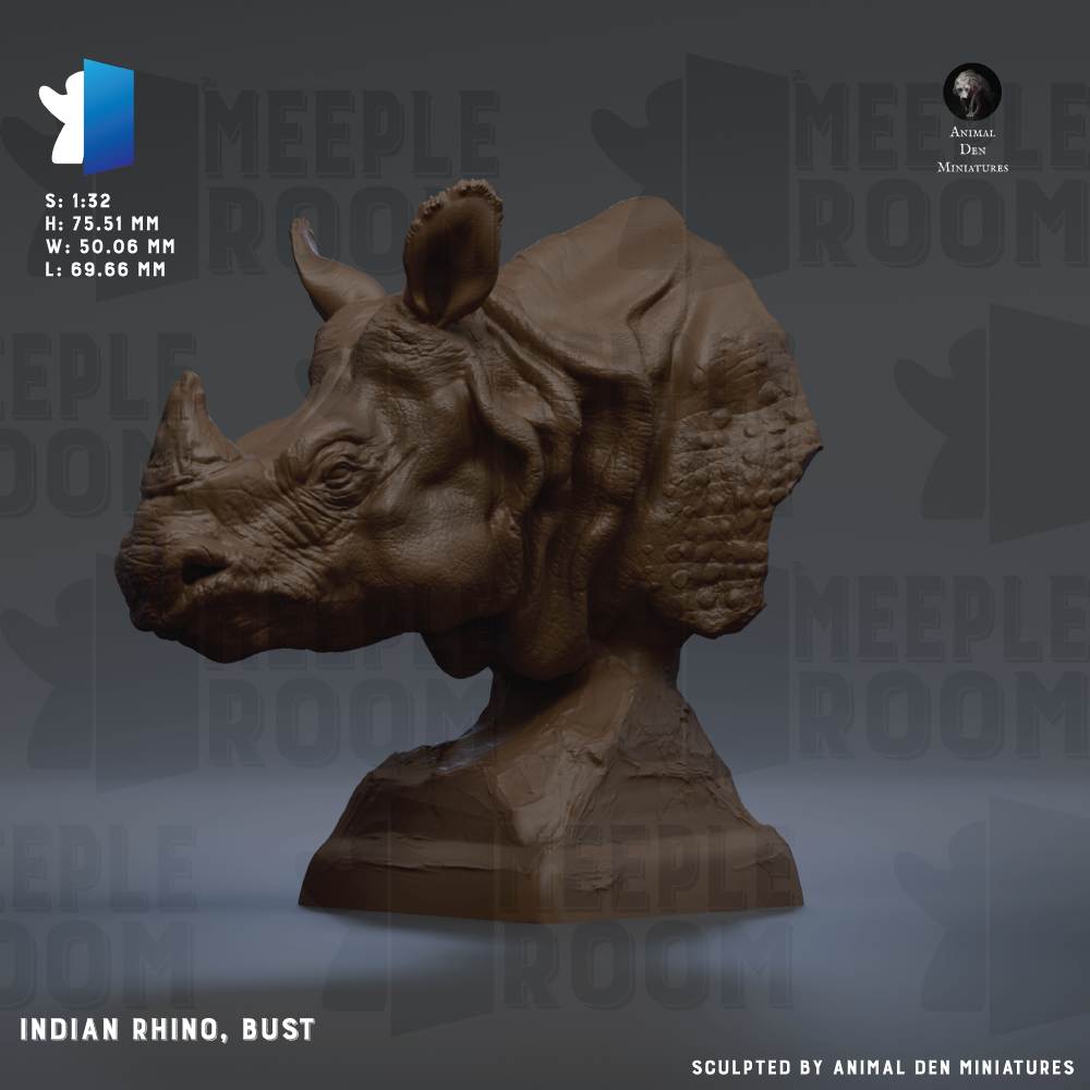 The image is a 3D model of an Indian rhinoceros bust, created by Animal Den Miniature. The rhinoceros is depicted in a realistic style, with intricate details and textures. The image is a sculpture, not a photograph.