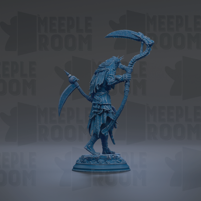 A blue statue of a figure holding a large weapon and standing on a pedestal.