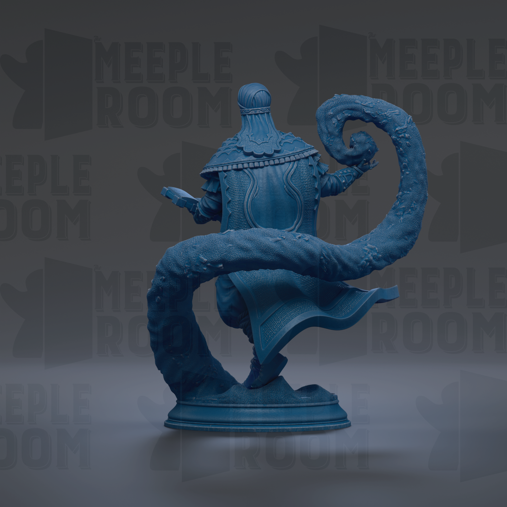 A blue statue of a figure with a long, curled tail, standing on a pedestal against a dark background with repeated text.
