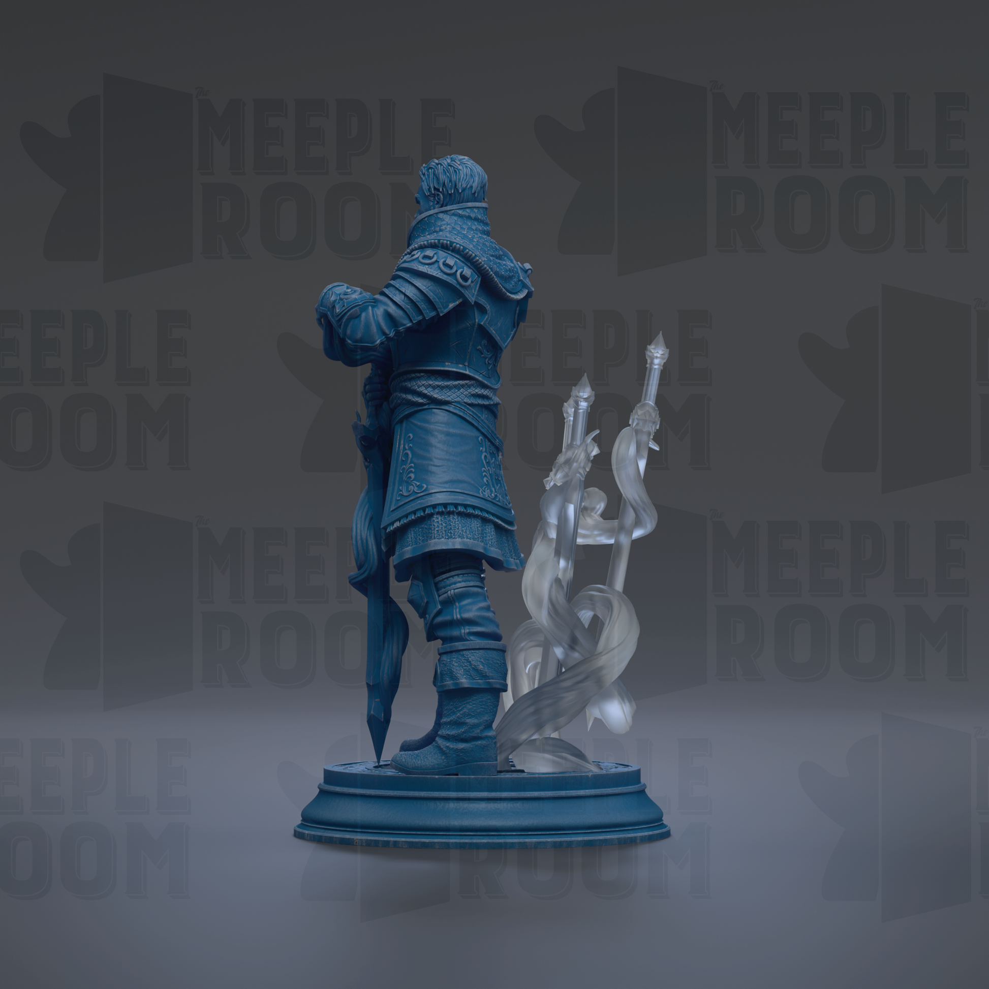 A blue statue of a knight holding a sword and shield, standing on a pedestal.