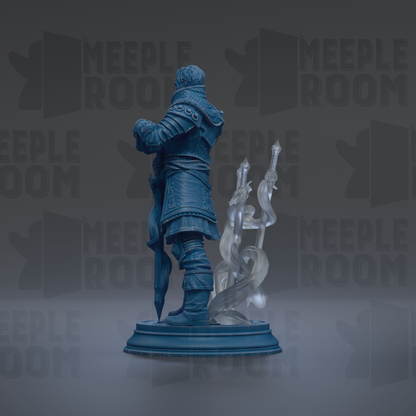 A blue statue of a knight holding a sword and shield, standing on a pedestal.