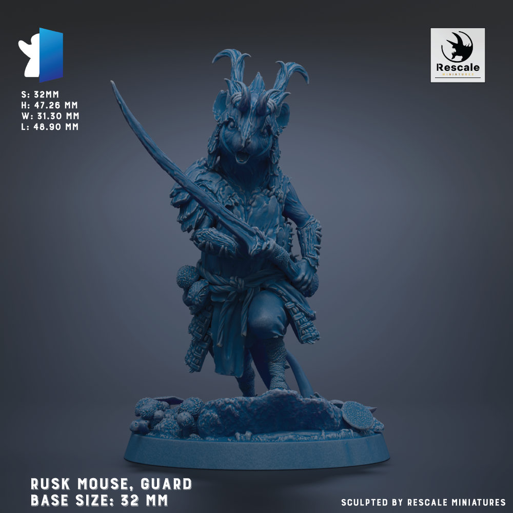 A detailed 3D model of a Rusk Mouse, a type of mouse, as a guard or warrior figure. The mouse is depicted in a dynamic pose, holding a sword and standing on a base. The image is labeled with the dimensions of the mouse, which are 32 mm in height, width, and length, and the base size, which is 52 mm. The image is described as a sculpted by Rescue miniatures, indicating that the artwork is created by a group of miniatures.