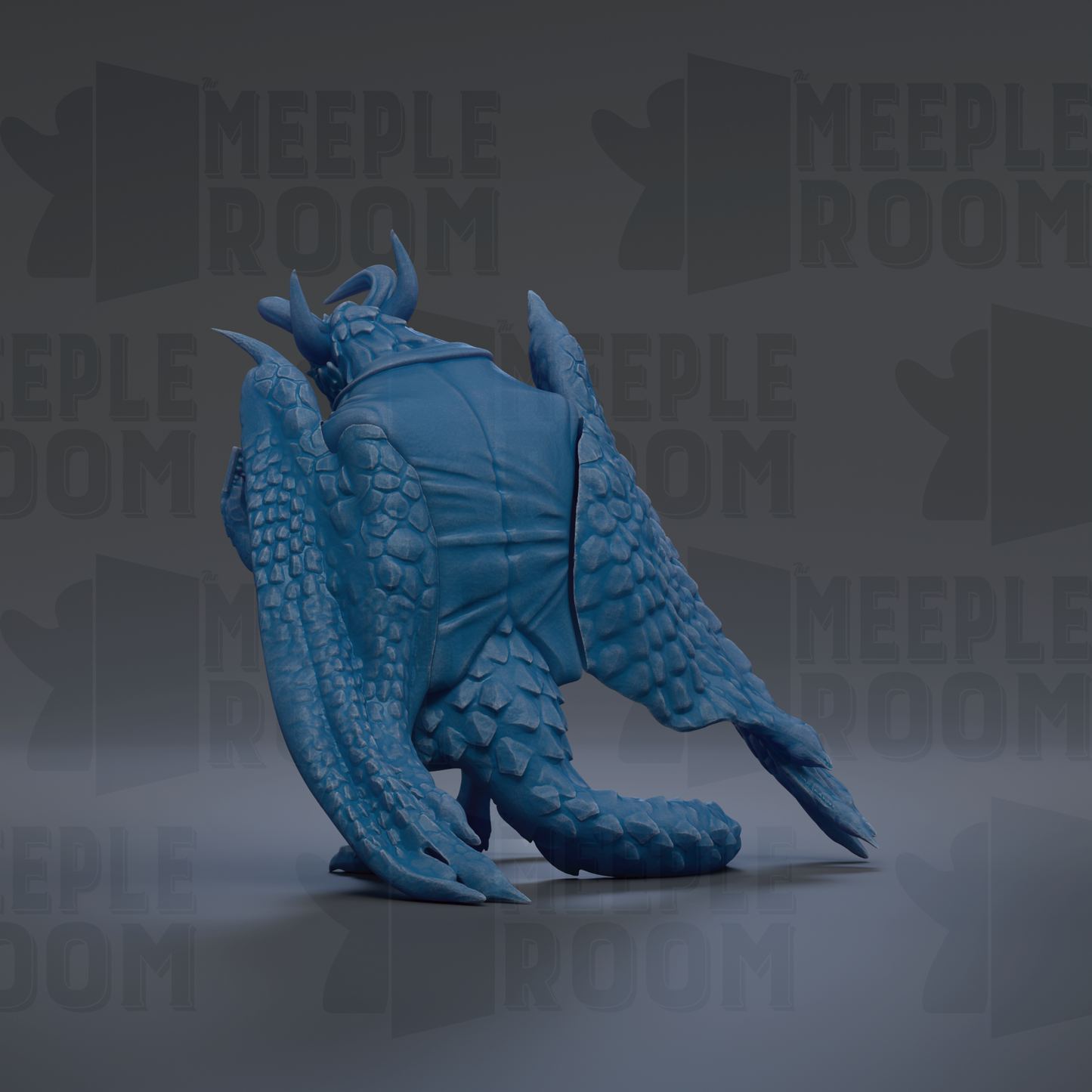 A 3D rendering of a blue dragon-like creature with horns and scales, sitting on a surface against a dark background with repeated text.