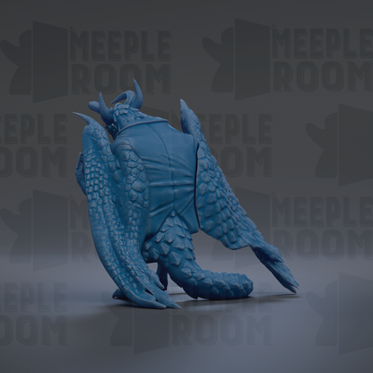 A 3D rendering of a blue dragon-like creature with horns and scales, sitting on a surface against a dark background with repeated text.