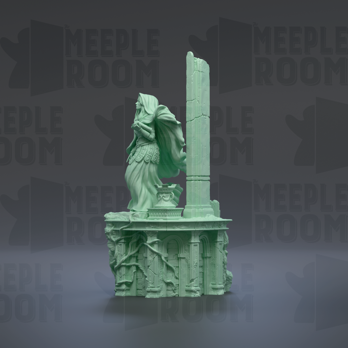 a green statue of a woman with flowing hair and a flowing dress, standing on a pedestal with columns, against a dark background with repeated text.
