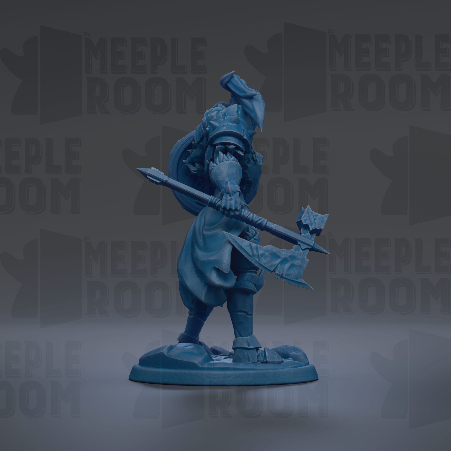 A blue figurine of a warrior figure holding a shield and sword, standing on a base.