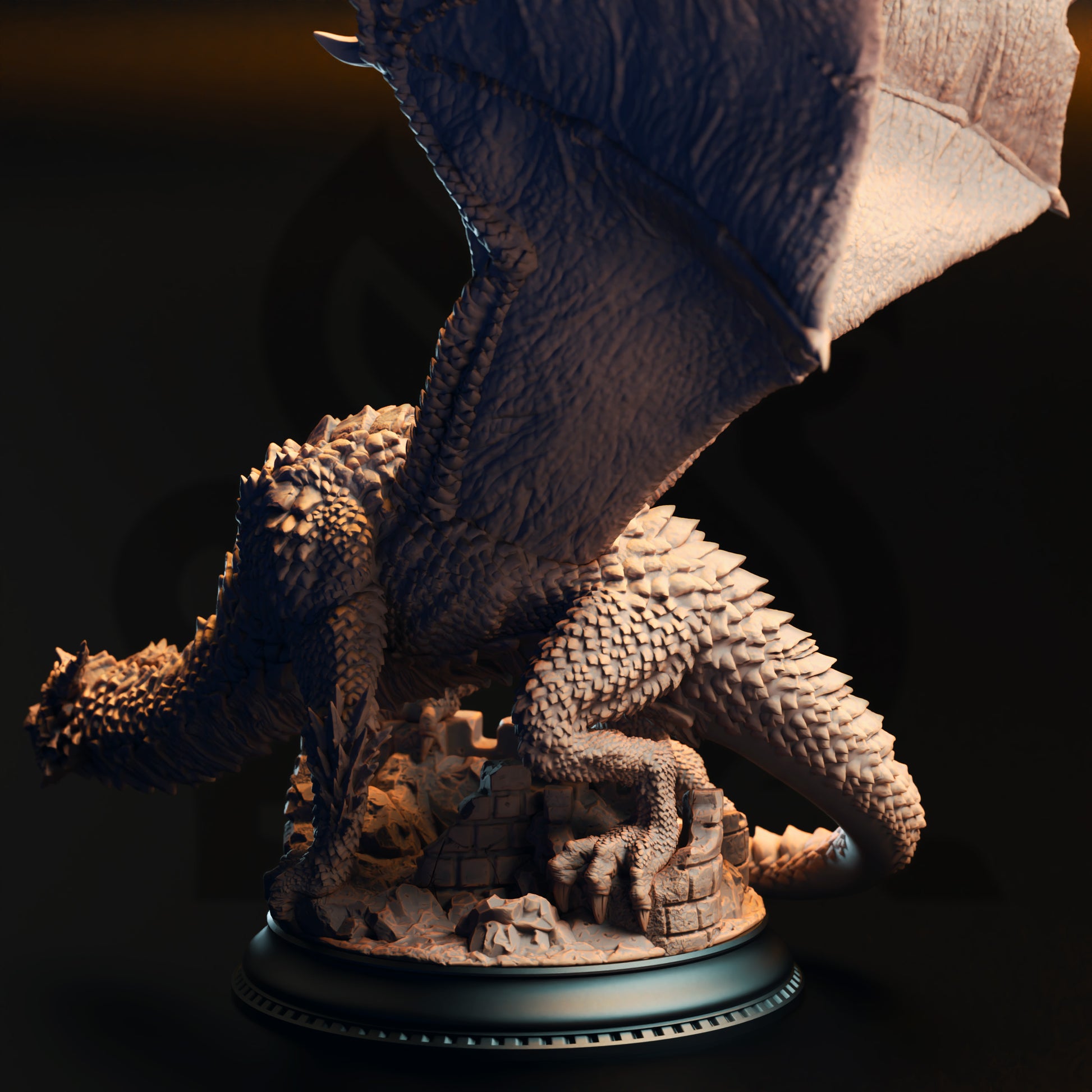 A detailed 3D model of a dragon statue, with intricate scales and a fierce expression, is displayed on a black base.