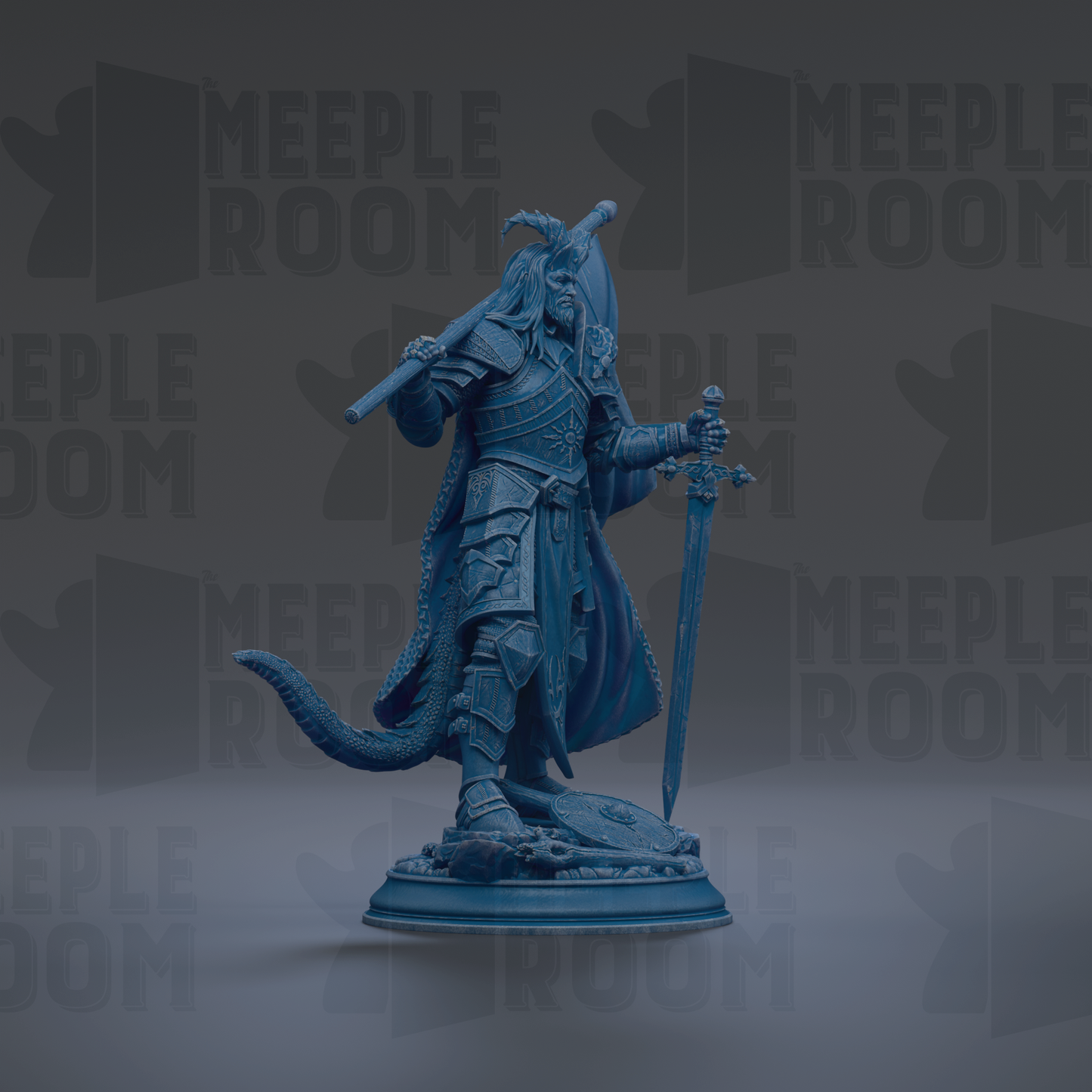 A blue statue of a warrior figure holding a sword and shield, standing on a pedestal.