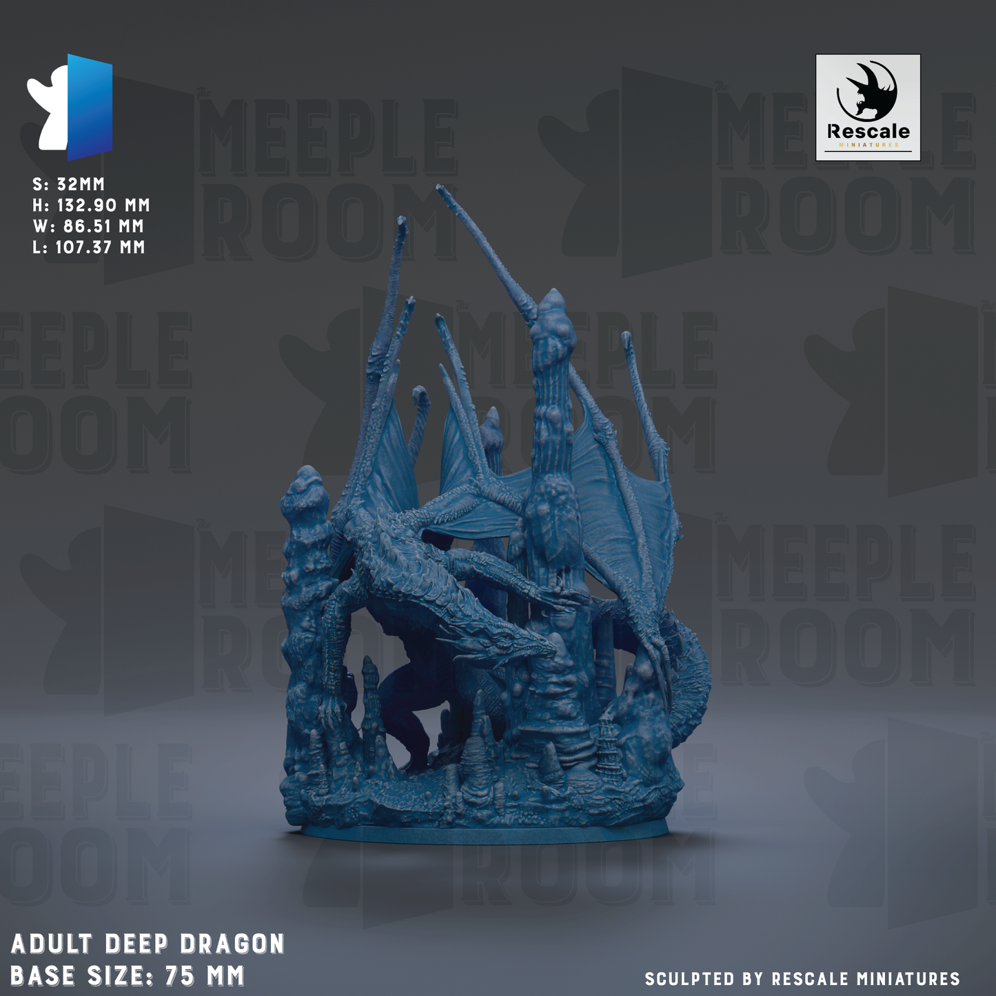 The image is a 3D rendering of an adult deep dragon statue, with a base size of 75 mm. The dragon is depicted in a detailed and intricate manner, showcasing the craftsmanship of the sculptor.