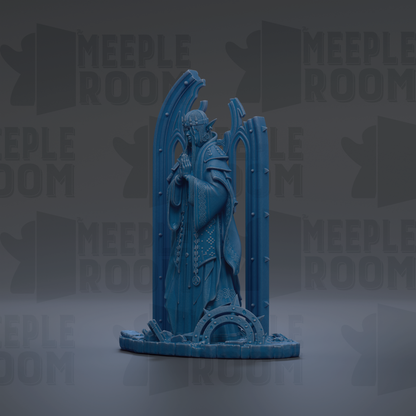 A blue statue of a figure standing in front of a dark background with repeated text.