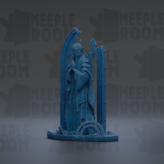 A blue statue of a figure standing in front of a dark background with repeated text.
