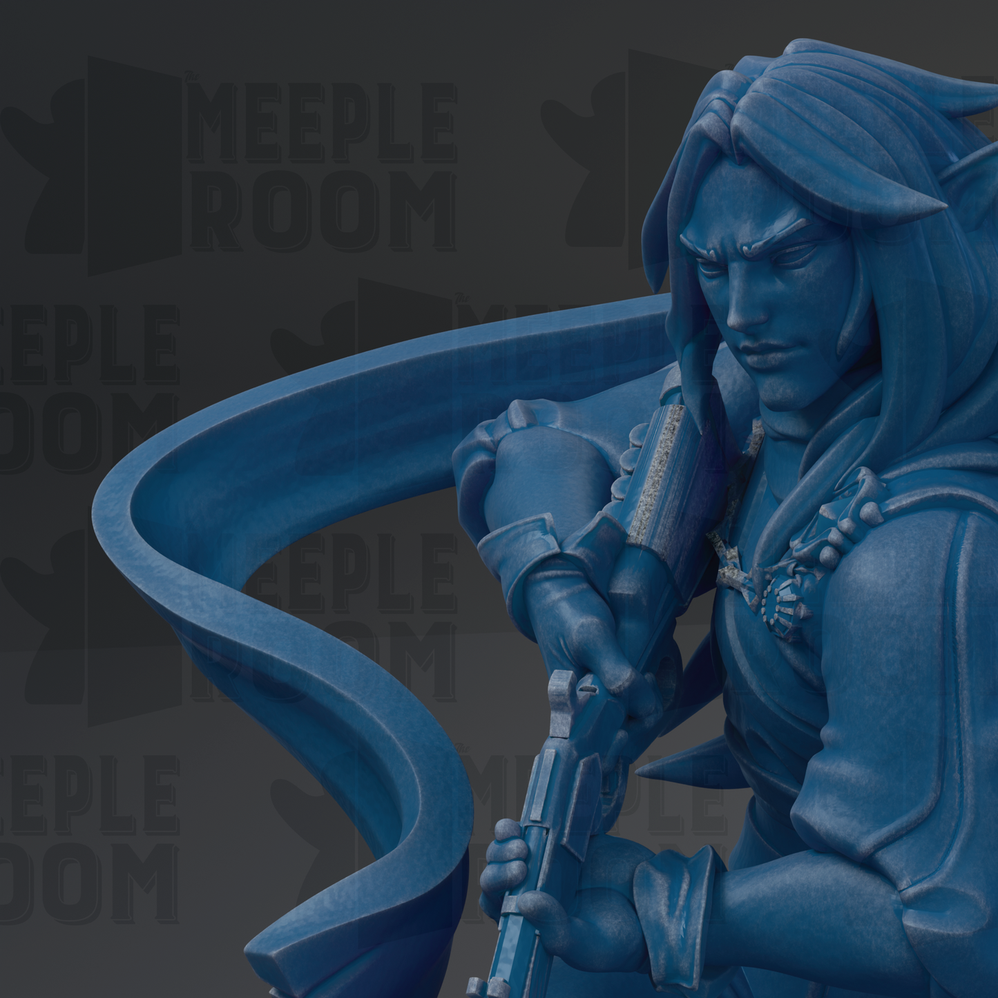A close-up view of a blue statue depicting a figure with long hair and a serious expression, holding a weapon.