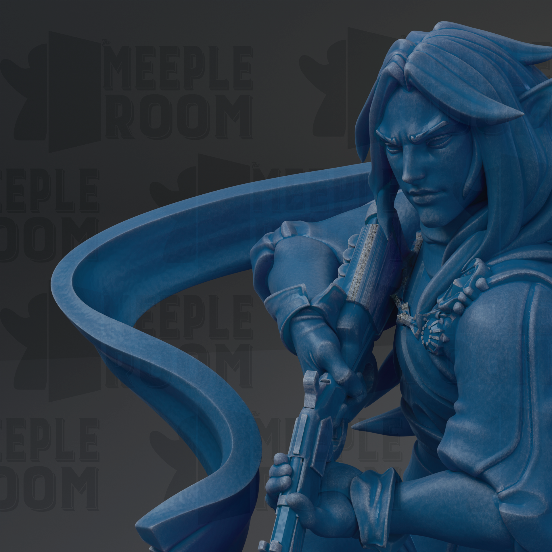 A close-up view of a blue statue depicting a figure with long hair and a serious expression, holding a weapon.