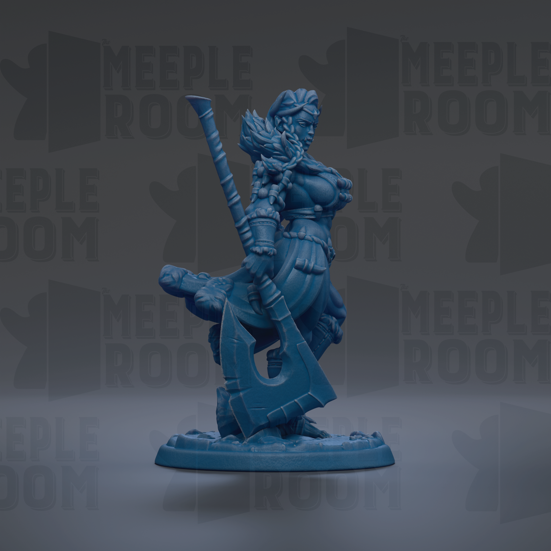 A blue figurine of a woman holding a large weapon, standing on a base.