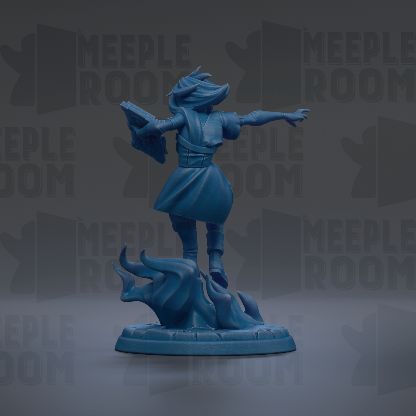 A blue figurine of a person standing on a rock, holding a book in their hand.