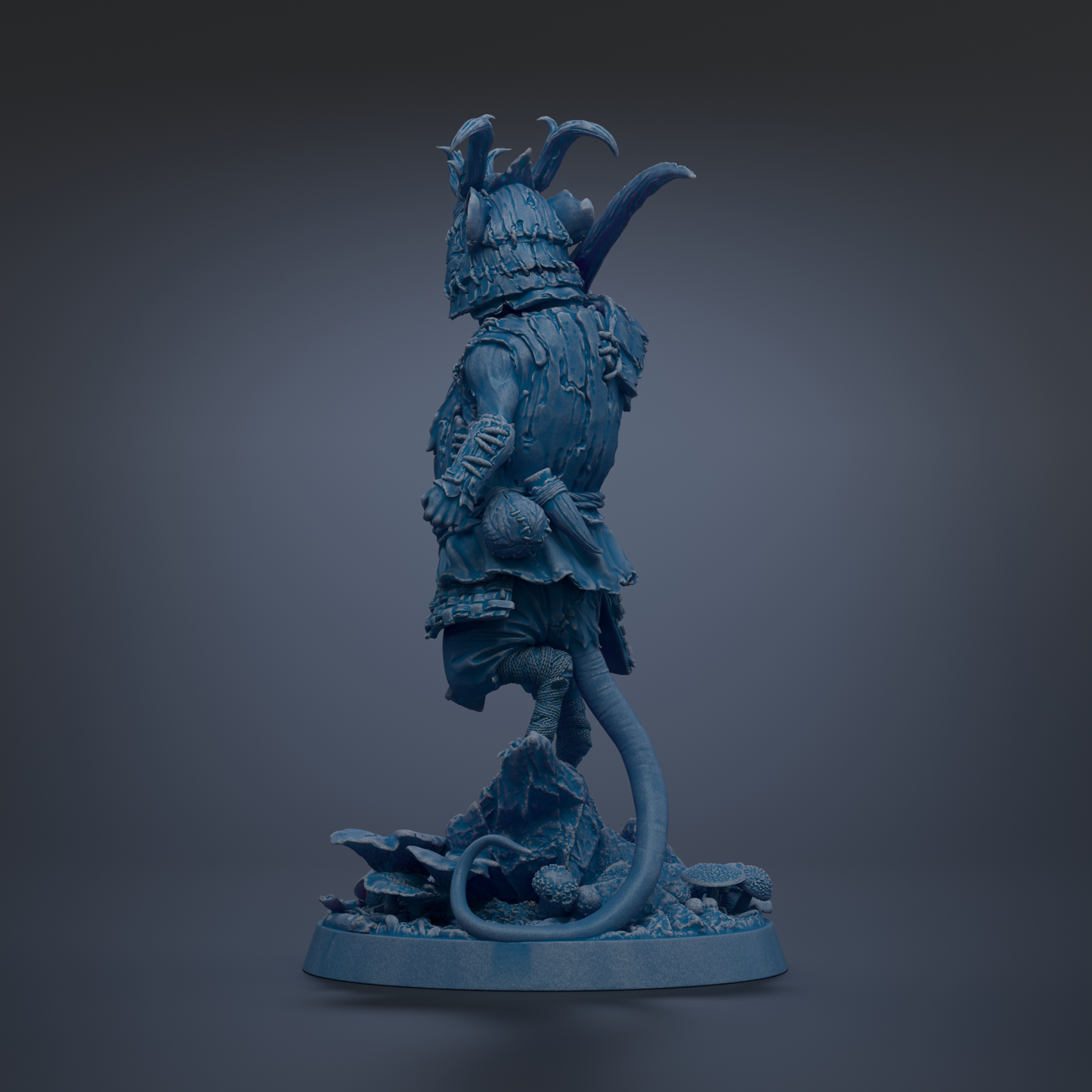 A blue, 3D-rendered statue of a fantastical creature with a large head, long tail, and ornate armor-like armor.
