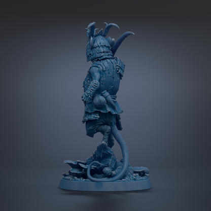 A blue, 3D-rendered statue of a fantastical creature with a large head, long tail, and ornate armor-like armor.