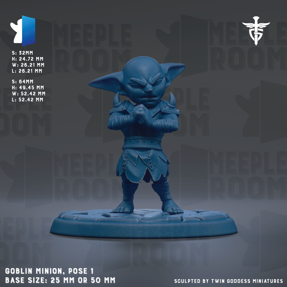 a blue figurine of a miniature figure, likely a character from a tabletop role-playing game. The figurine is standing on a base and appears to be posed in a fighting stance. The image does not contain any text, and the figurine is described as a "Goblin Minion" and "Base Size: 25mm or 50mm".