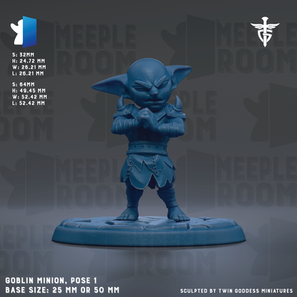 a blue figurine of a miniature figure, likely a character from a tabletop role-playing game. The figurine is standing on a base and appears to be posed in a fighting stance. The image does not contain any text, and the figurine is described as a "Goblin Minion" and "Base Size: 25mm or 50mm".