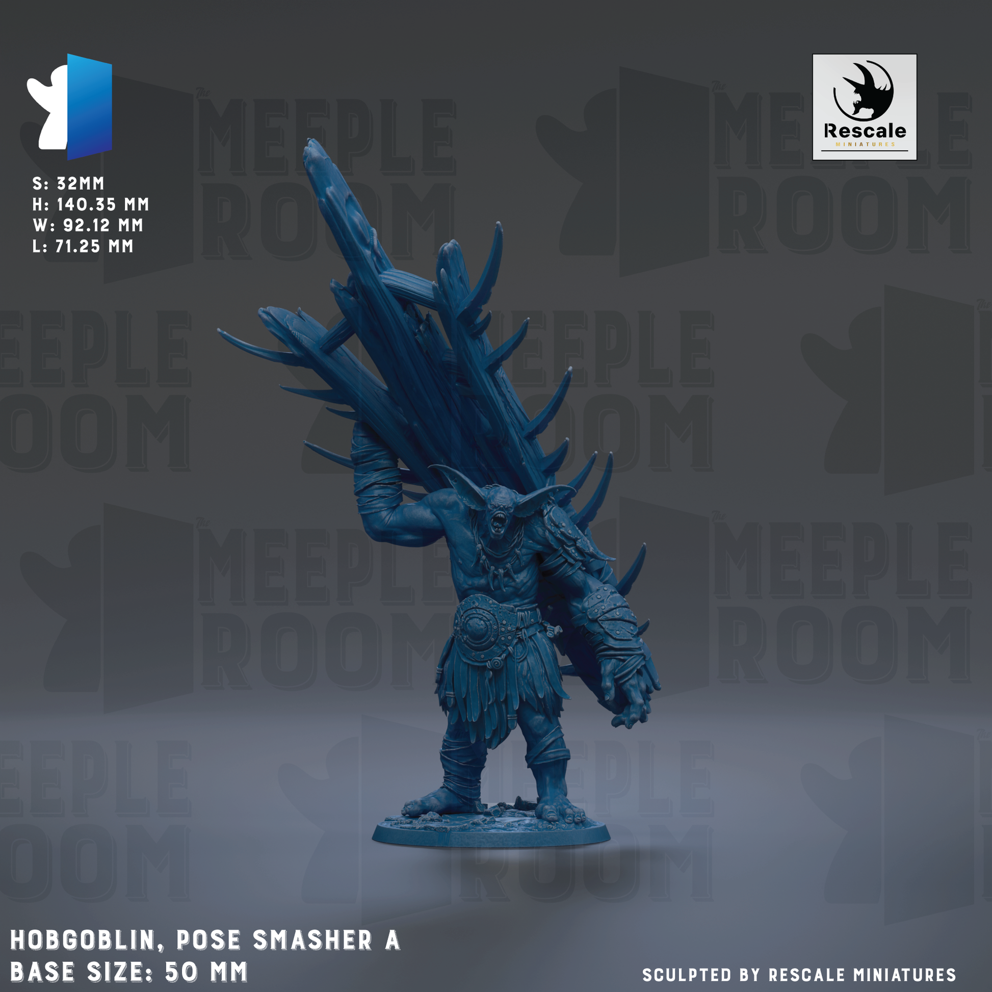 a figurine of Hobgoblin, a character from the video game Meeple Room, posed in a dynamic pose with a large weapon in his hand. The figurine is shown against a dark background, emphasizing its size and the details of the weapon. The image is a collage of multiple images, and the caption below the figurine provides information about the base sizes and sculpting by Rescale miniatures.